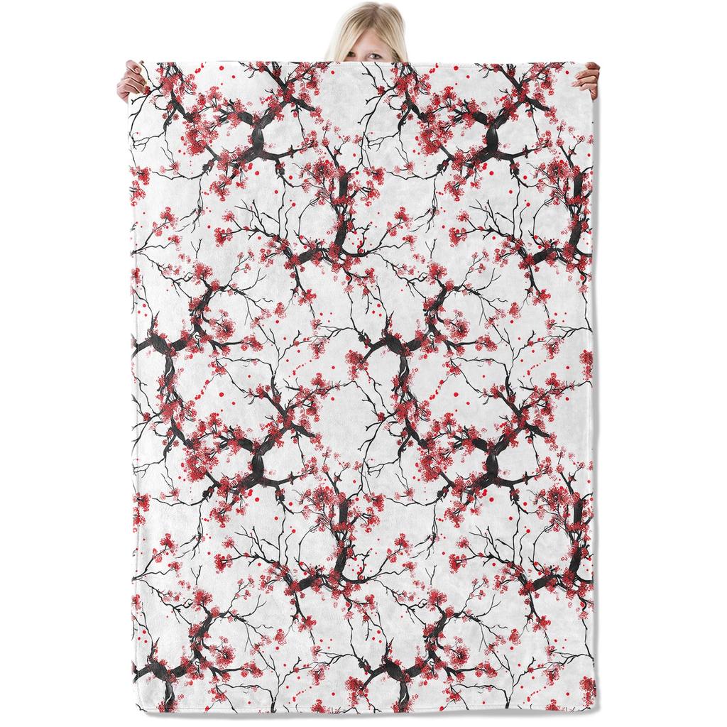 Cherry Blossom Throw Blanket Branches Flower Print Fleece Flannel Blanket Japanese Style Soft Fuzzy Blanket for Sofa Couch Bed