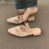 Fashion Bow Women Slippers Heeled Sandals Pointed Toe Mesh Mules Shoes Woman 2025 Trend Summer Elegant Dress Loafers Shallow Sandalias
