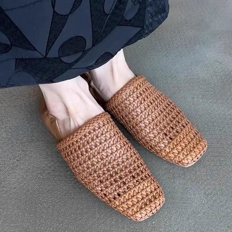 Sheepskin version~ retro one-pedal woven hollow breathable single shoes, children wear genuine leather square head versatile flats