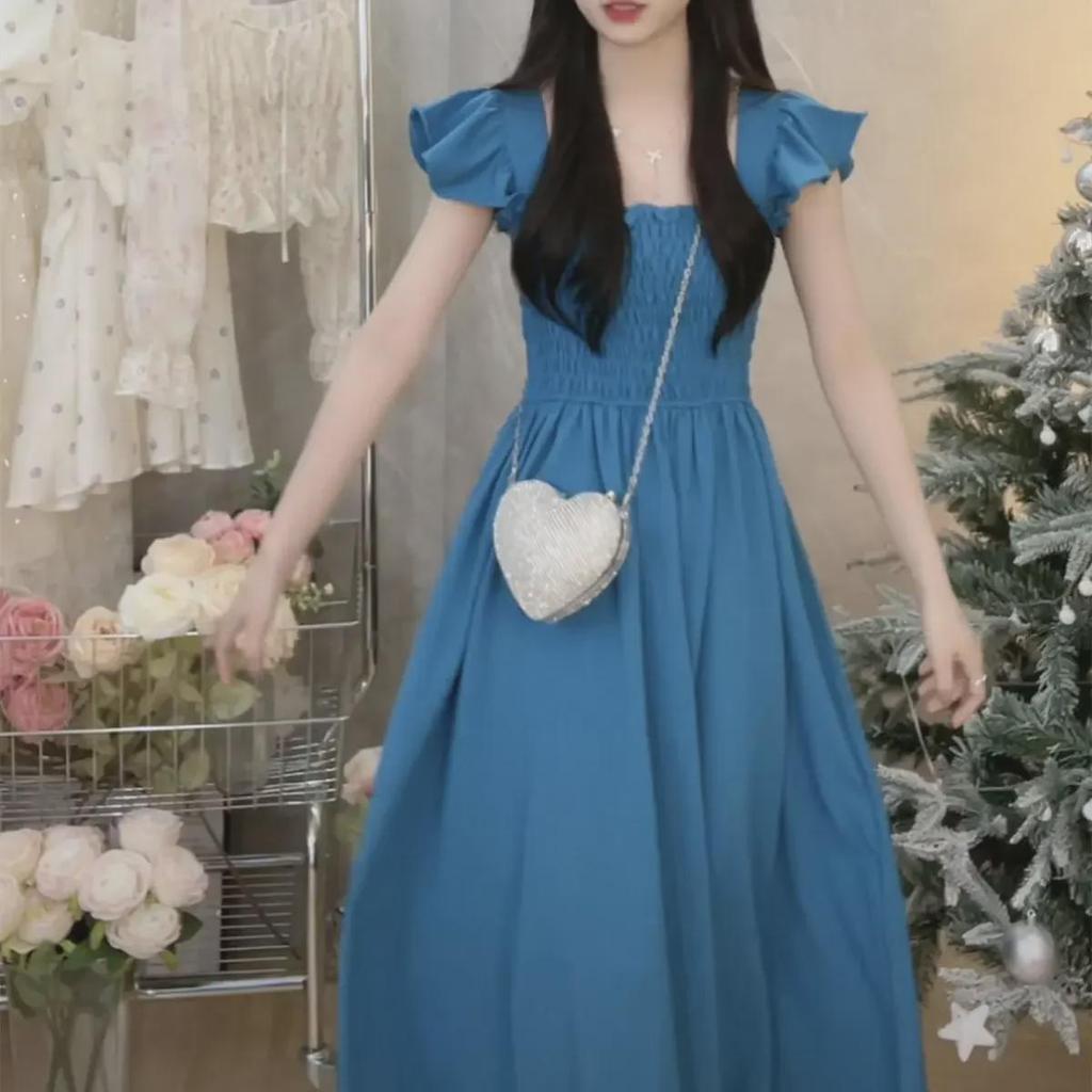 2023 Summer French-Style Pleated Waist Midi Dress with Flutter Sleeves and Square Neck