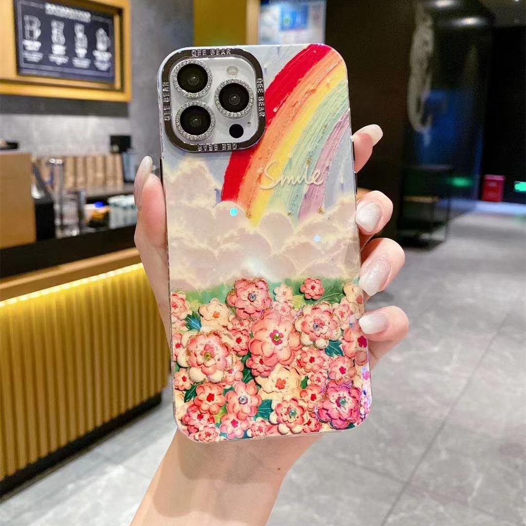 Oil Painting Flower Sea Suitable for IPhone 16 Mobile Phone Case Rainbow Flash Drill Lens Apple 15 ProMax Anti-fall Protection Case