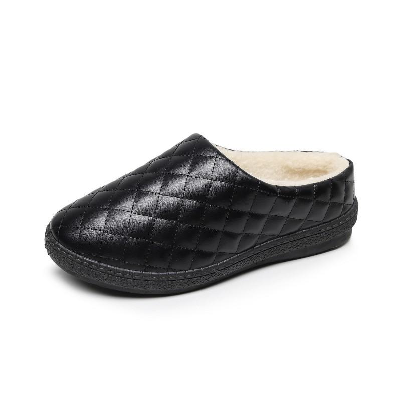 Womens Winter Warm Fleece-Lined Slipper Shoes With Non-Slip Sole Home Indoor Use PU Upper Flat Comfortable Slippers