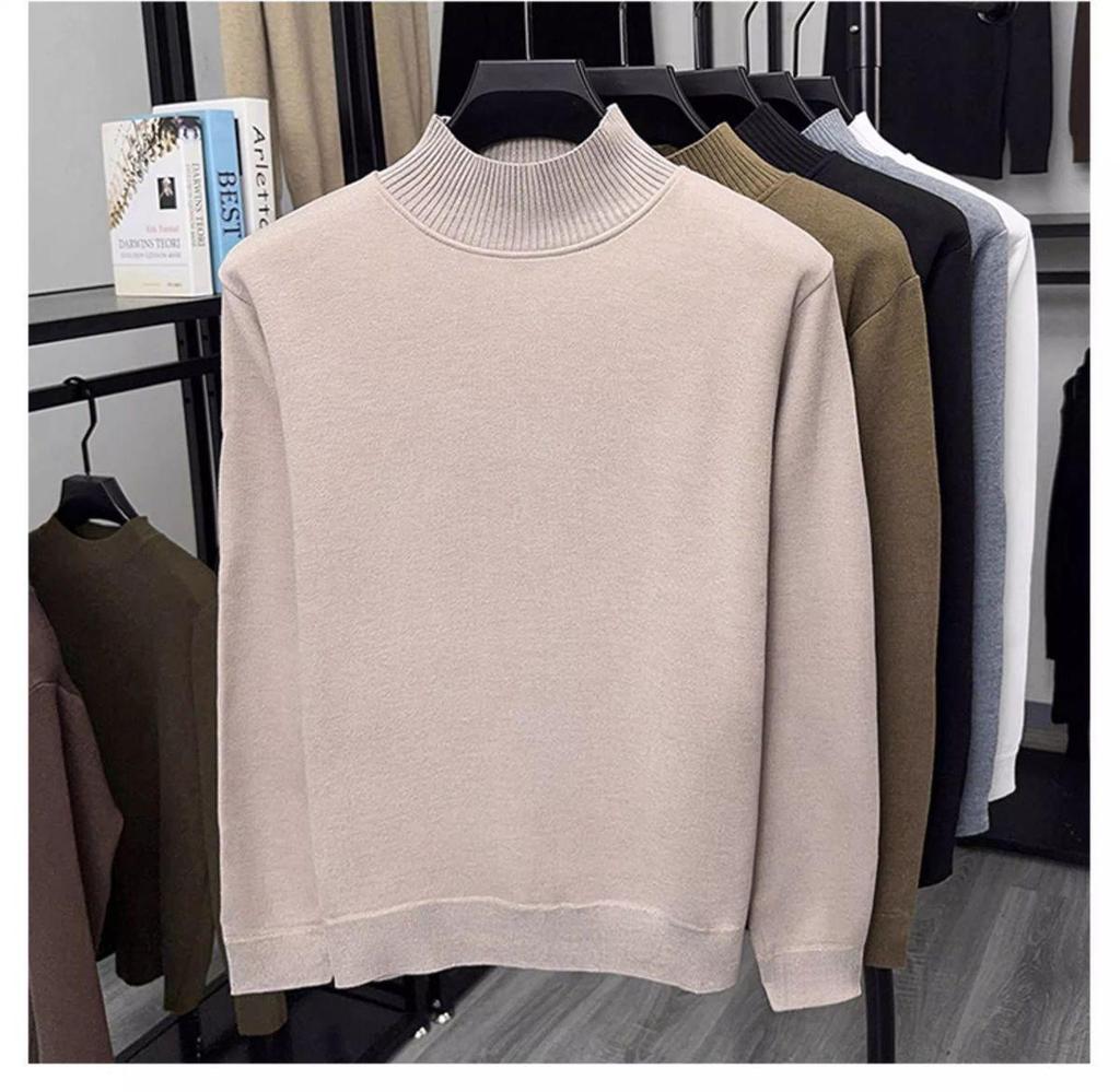 Men's Black Fleece Half-High Neck Sweater, Autumn/Winter Layer, Boys' Base Layer Knitwear