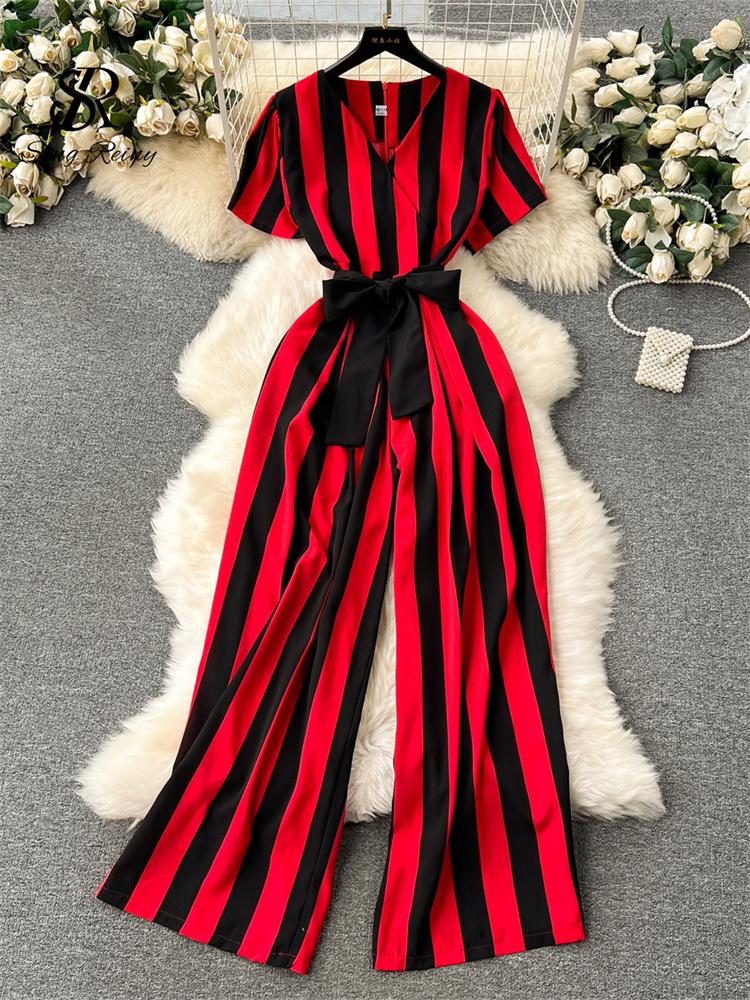 

Women Jumpsuits Fashion V Neck Lace Up Loose Wide Legs Pants New Design OL Color Block Stripe Bodysuits One Size вина червоного кольору