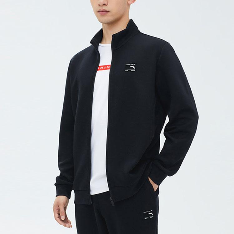 Anta Gładka dzianinowa kurtka casual z logo dla mężczyzn Kurtki Podstawowa-Czarna 152347741-2