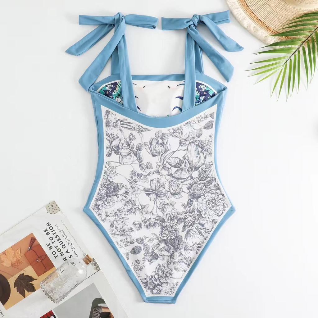 New Double-Sided European & American Chiffon Print Swimsuit Set: Women's One-Piece with Conservative Wrap Skirt