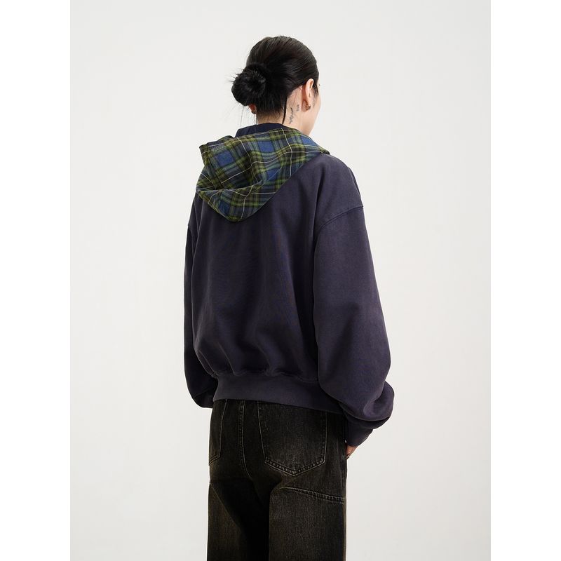 Kisko Niche Style Patchwork Plaid Casual Hooded Sweatshirt