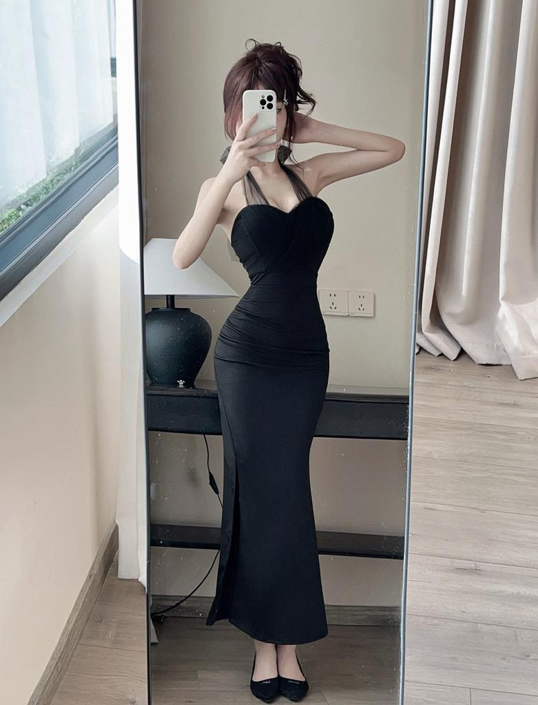 Fashion light luxury celebrity style evening dress sexy waist split banquet tube top dress temperament Muse long skirt