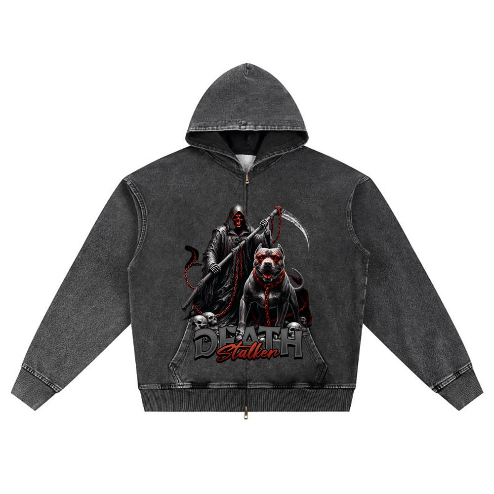 

DTG print Knitted Denim Zip-Up Hoodie Death Stalker Brother Print Zipper Hoodies S