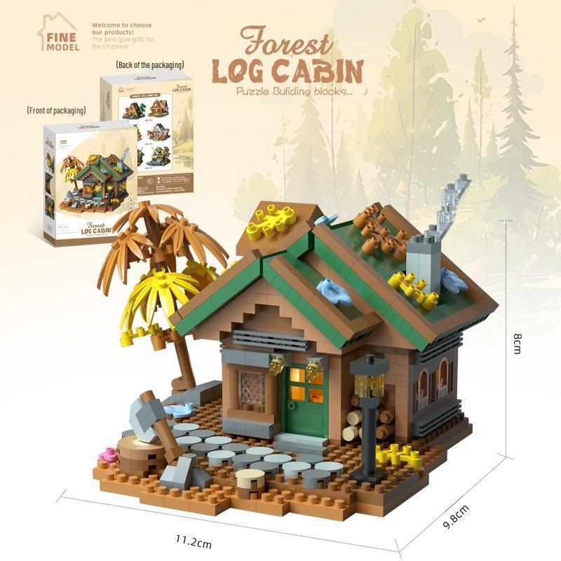 Forest Log Cabin & Windmill Treehouse Building Set - Compatible with LEGO, Educational Blocks for Kids
