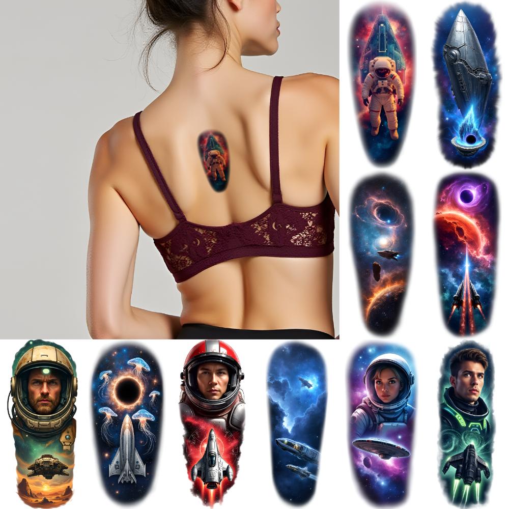 12 peças de Tatuagem Temporária Tatuagens Temporárias Realistas Galáxia Nebulosa Nave Espacial Para Homens Mulheres Costas