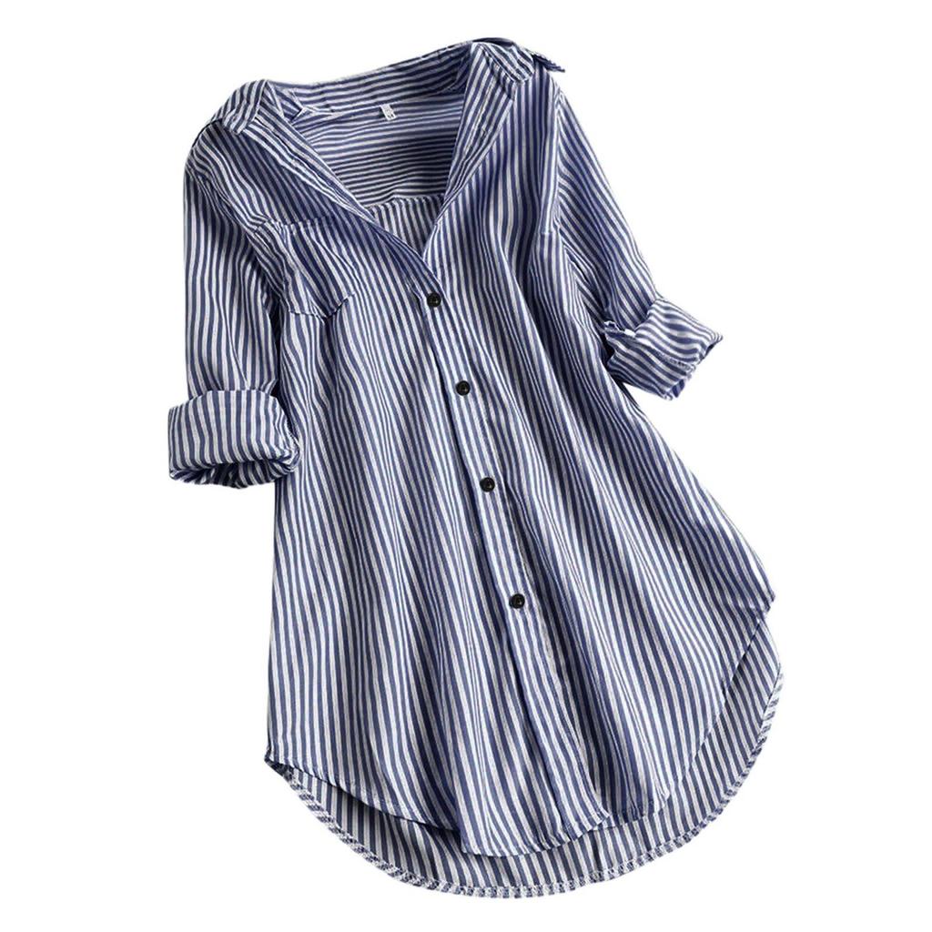 Women's Loose Vertical Stripe Mid-Length Shirt - Casual Fashion Long-Sleeve Style