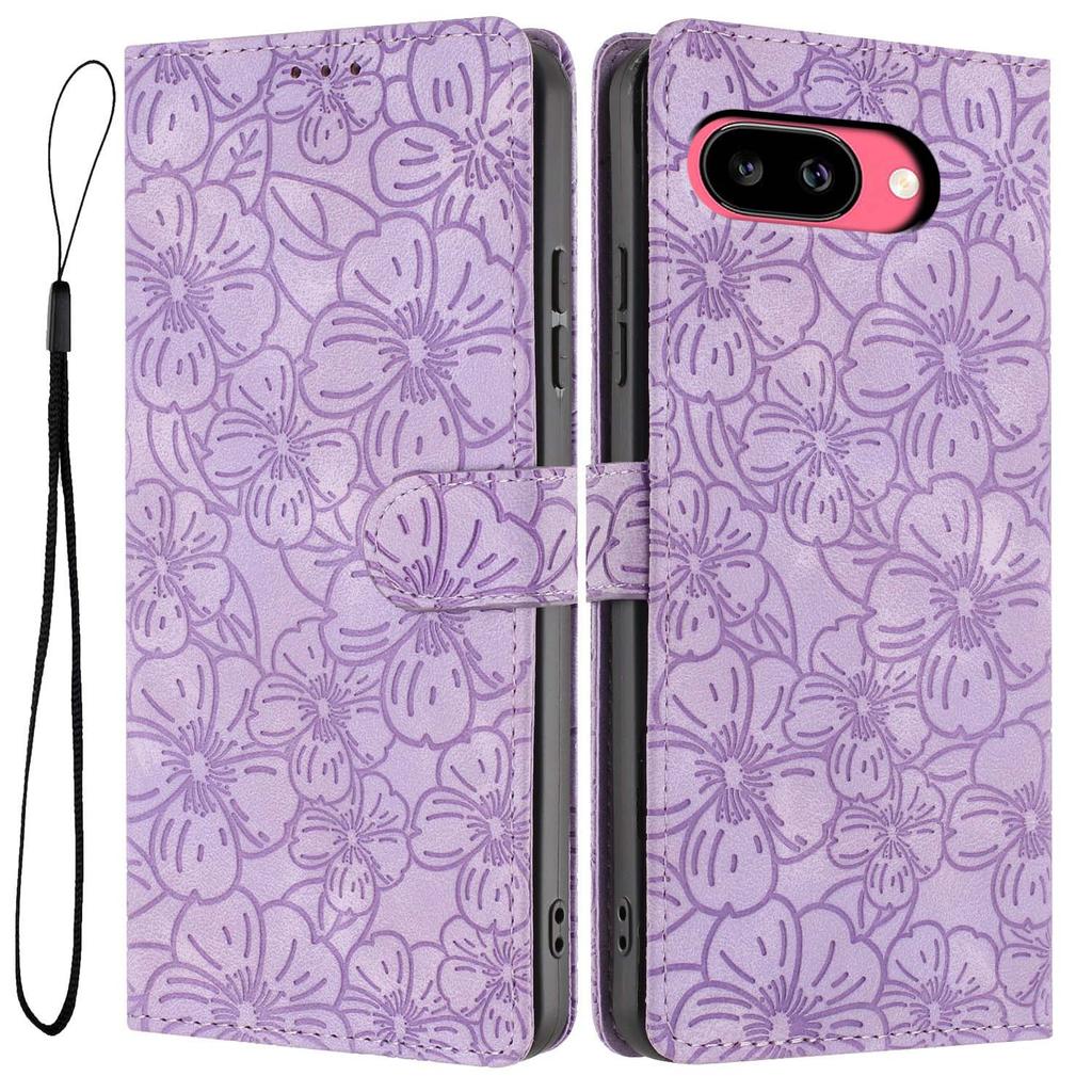 For Google Pixel 9a Flip Case Cherry Blossom Pattern Leather Wallet Stand Phone Cover with Wrist Strap