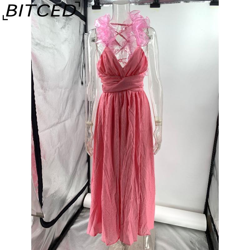 BITCED Women's Summer Sexy Sleeveless Solid-Color Tie-Waist Pleated Skirt Dress