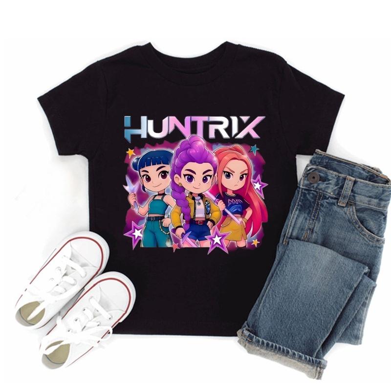 Hot Sale Kpop Demon Hunters Print Fashion Kids T-shirt Baby Boys Girls Clothes Summer Children Cotton Short Sleeve Black T shirt