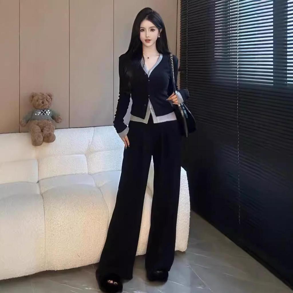 2024 Frühling/Herbst V-Ausschnitt Zweiteiler: Lässiger Stil Top & Schmale Weitbein-Hose