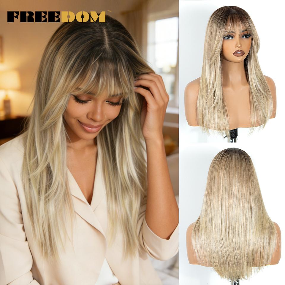 

FREEDOM Synthetic Lace Front Straight Layered Wig With Bangs 20 Inch Pre-cut Ombre Brown Blonde Pink Cosplay Lace Wigs (as the picture,20inches)