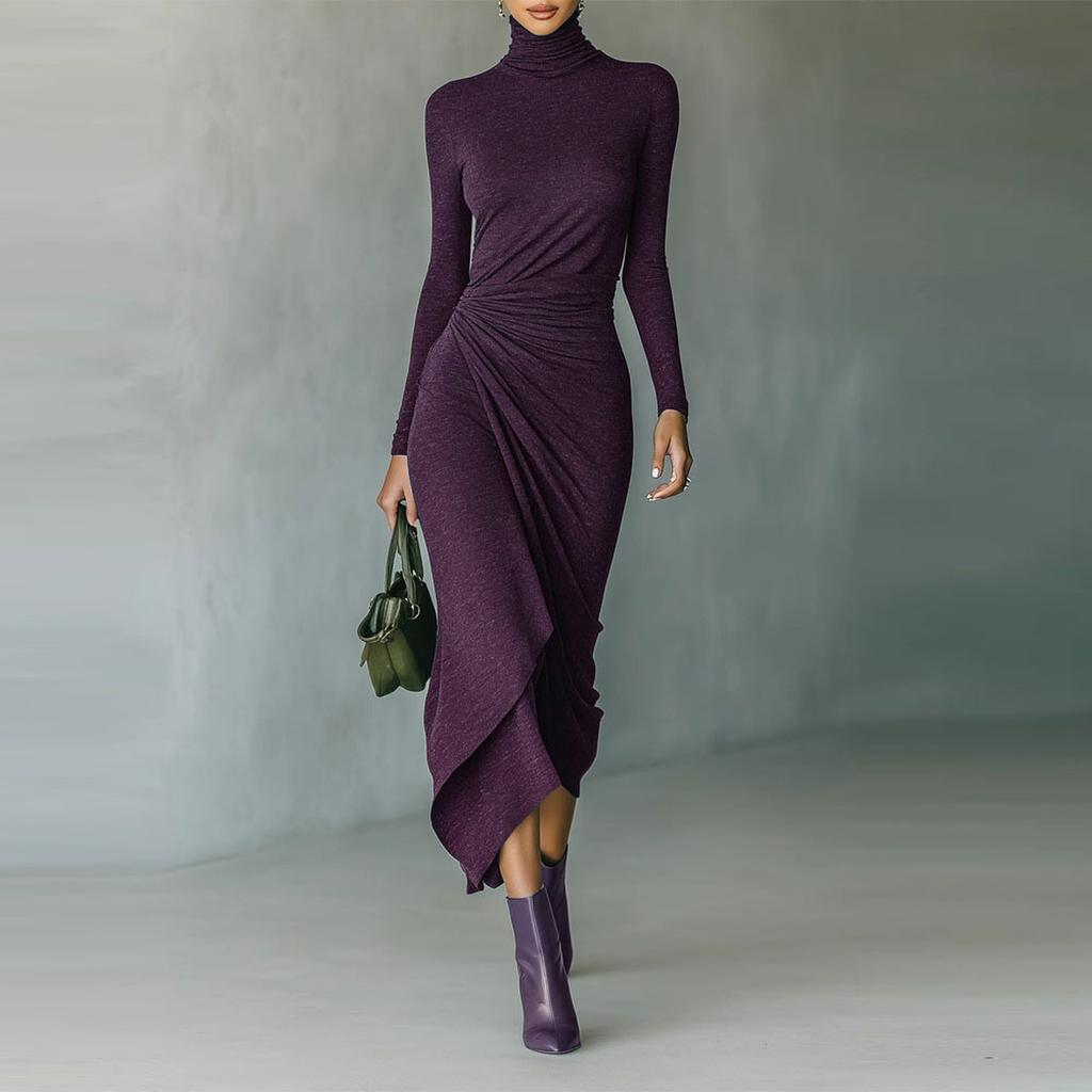 Women's Color Round Neck Long Sleeved Waist Cinched Dress