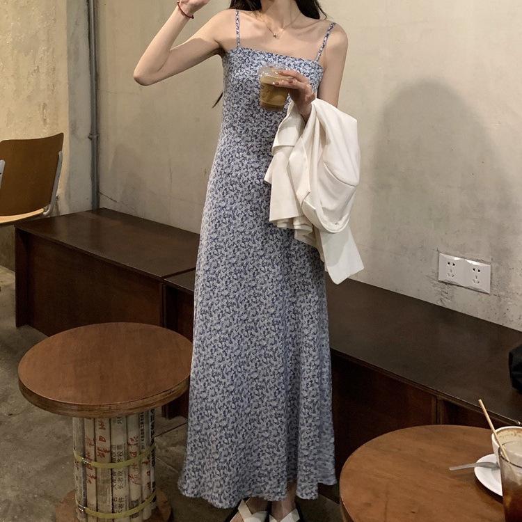 One-Shoulder Floral Midi Dress for Women, Summer Vacation Style, Slimming, Spaghetti Straps, Backless