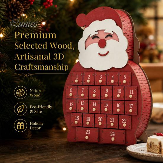 Mini Ornament Holder Wooden Santa Snowman Advent Calendar, 24-Day Countdown Box with Calendar Numbered Drawers, Christmas Tabletop Decor, Candy
