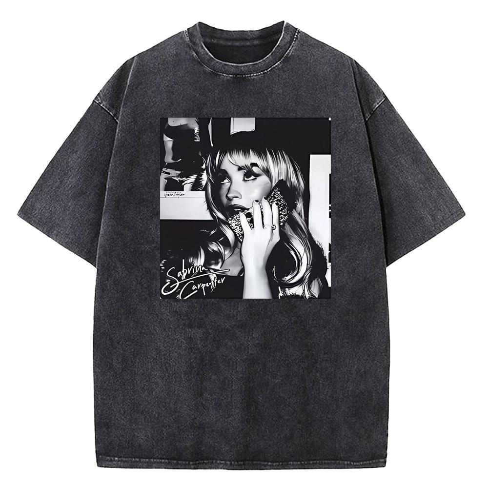Sabrina Carpenter Washed T-shirt Please Please Please Music Merch Fan T-shirt High Quality Cotton Unisex Harajuku Tshirts