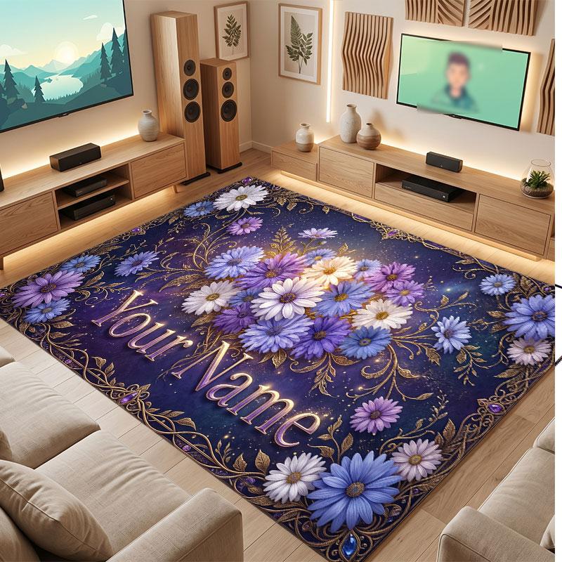 Floral Garden Theme Crystal Velvet Floor Rug Personalized Custom Name Text Warm Carpet Home Decoration