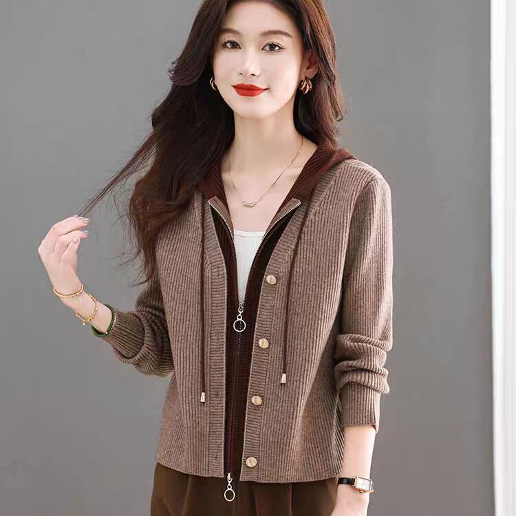 

Короткий свитер с капюшоном для женщин на осень и зиму, новый вязаный кардиган, имитация двухкомпонентного топа 2XL