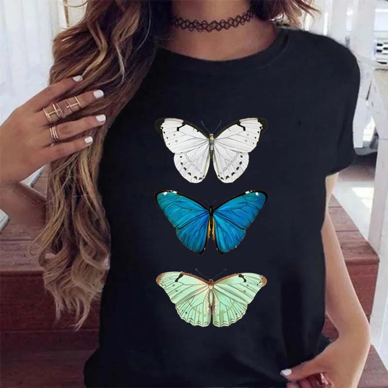 Woman Butterfly Tree Print Harajuku Summer Tshirts Casual Round Neck Short Slee Top Tee Shirt Women Black T-shirt Drop Ship
