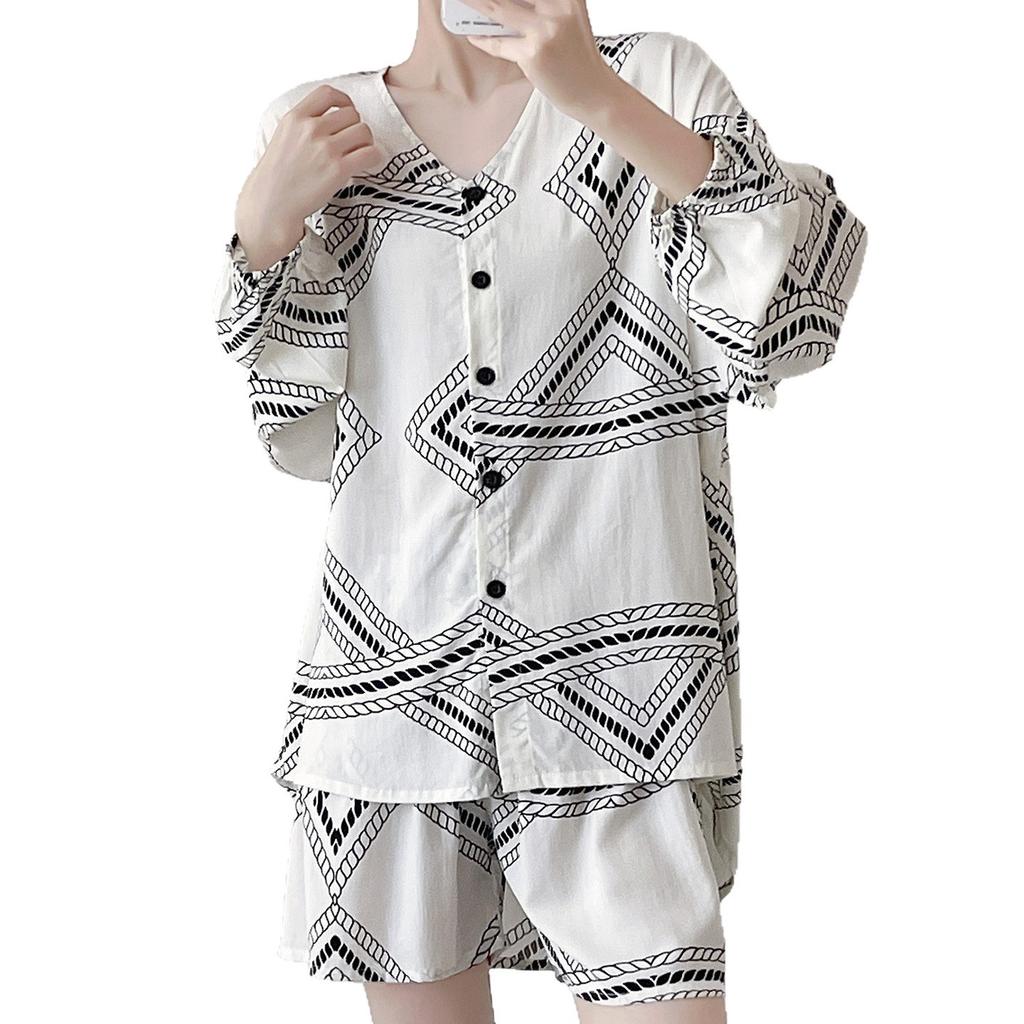 Slack Cotton and Silk Pajamas Women's Summer Cardigan Loungewear Set Can Be Worn Outside Loose Long-sleeved Shorts Sunscreen Two-piece Set