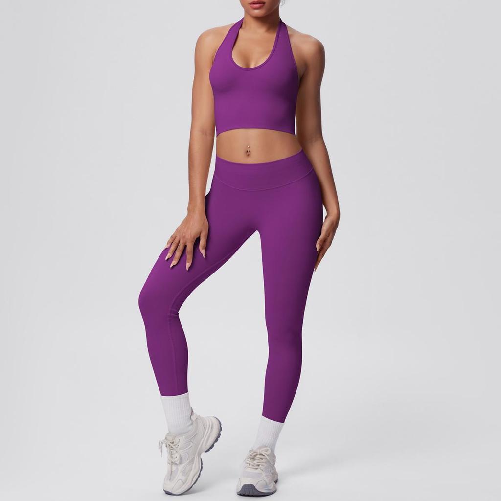 Seamless Knit Yoga Set: Breathable Halter Neck Bra & High-Waist Butt-Lifting Pants