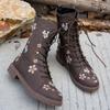 Woman Ankle Boots Retro Embroidery Spring Autumn Shoes Women Casual Thick Low Heel Side Zip Western Round Head Fashion Botines