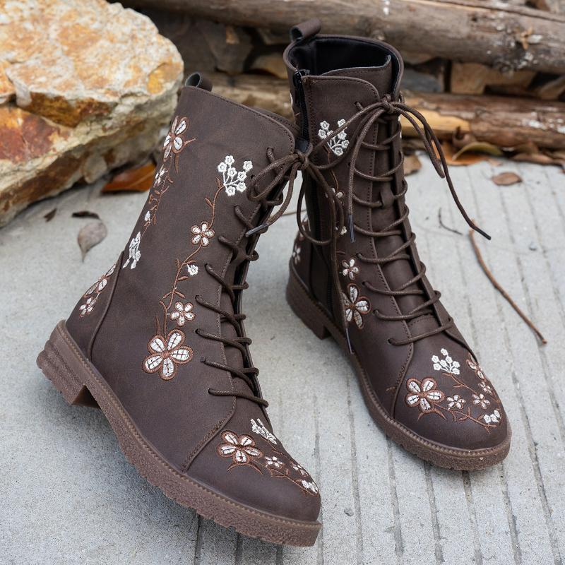 Woman Ankle Boots Retro Embroidery Spring Autumn Shoes Women Casual Thick Low Heel Side Zip Western Round Head Fashion Botines