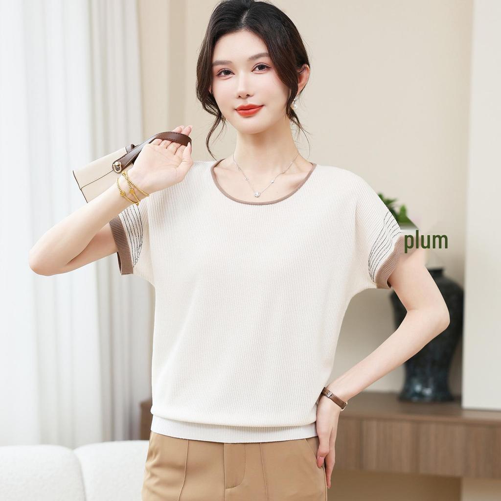 2026 Stylish Ice Silk T-Shirt for Middle-aged & Elderly Women - Elegant Round Neck, Short Sleeve Mother's Top