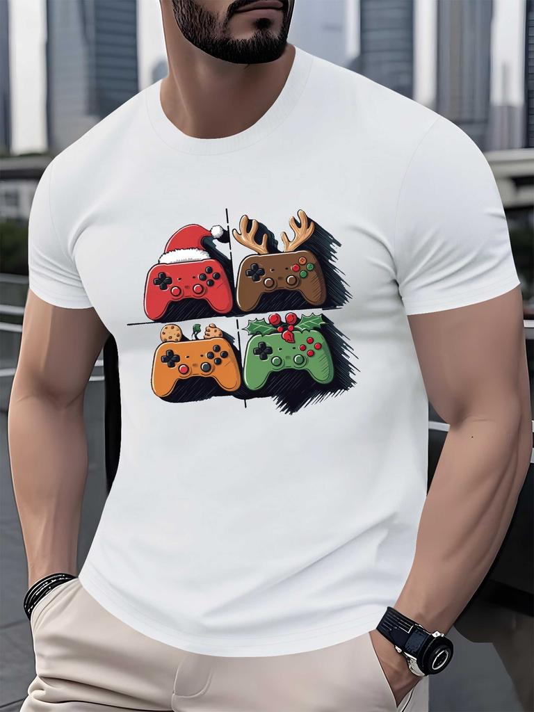 Men's Game Controller Letter Print 100% Pure Cotton Casual Round Neck Short Sleeved Player's Versatile Breathable T-shirt