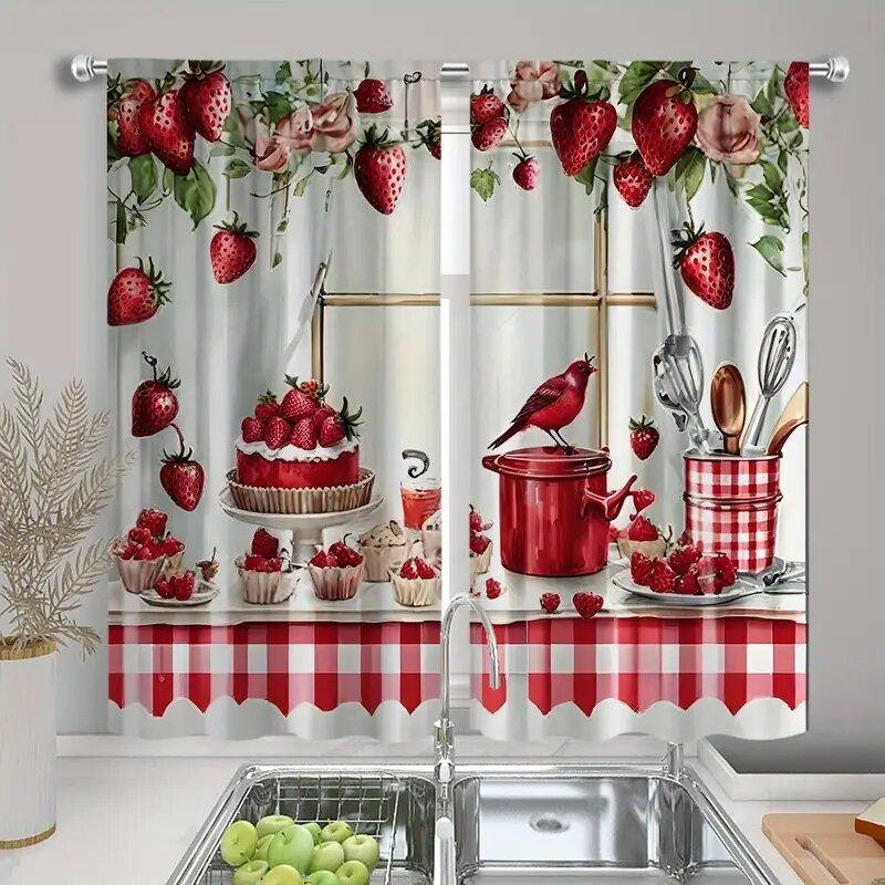 Retro Strawberry-printed Curtains, Suitable for Bedrooms and Living Rooms, Home Decoration, and Christmas