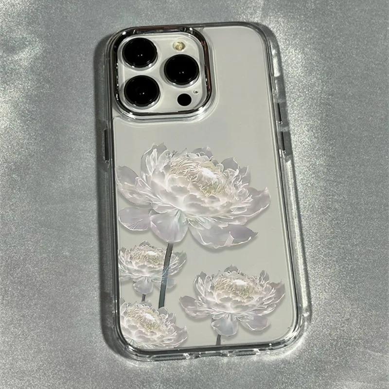 

White Lotus Flower Trendy Pattern Metal Frame Transparent Phone Case For iPhone 17 Pro Max 16 Plus 15 14 13 12 11 X XS XR Cover iPhone SE (2022)