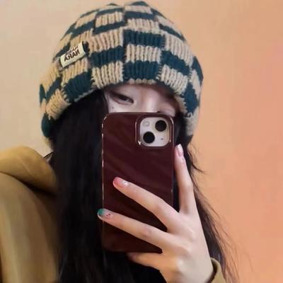 Vintage Plaid Beanie Cap for Women Autumn Winter Warm Knitted Woollen Hat Outdoor Anti-cold Skullies Caps