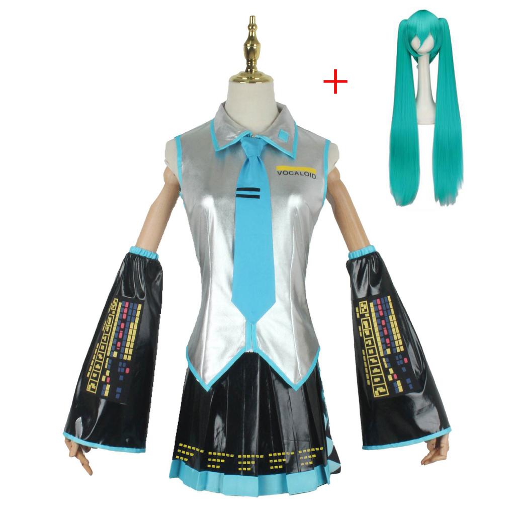 Anime Miku Cosplay Pełny Zestaw Srebrnoszary Lakierowana Skóra Materiał Garnitur Nakrycie Głowy Kostium Strój Jk Mundurek Cosplay Halloween