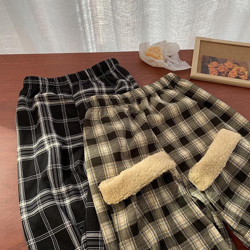 Winter Thick Plaid Pants Women Korean Fashion Warm Loose Wide Leg Trousers Student Y2K Causal High Waist Pants Outwear