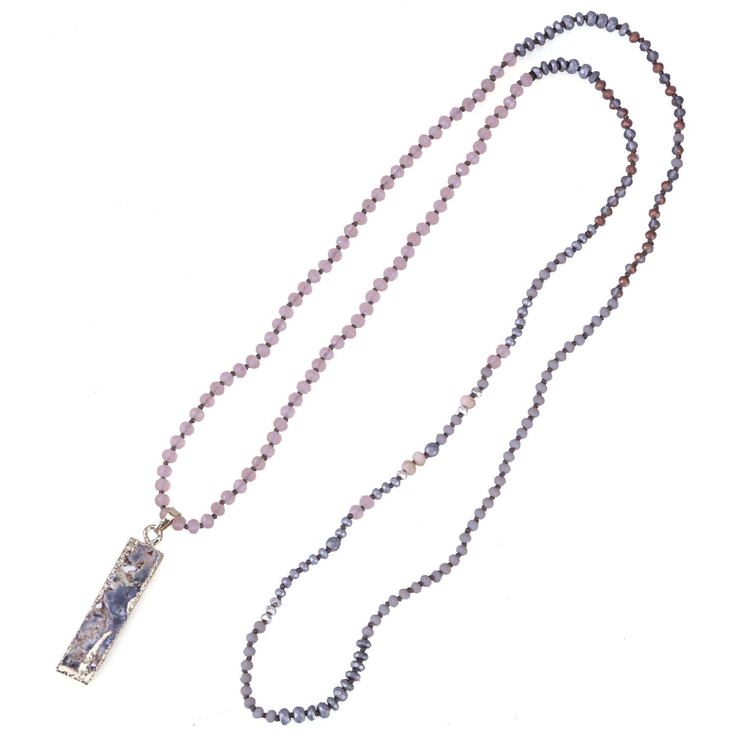 KELITCH Matte Agate Crystal Bead Necklace Gemstone Pendant Statement Long Necklace for Women (Pendant 5)