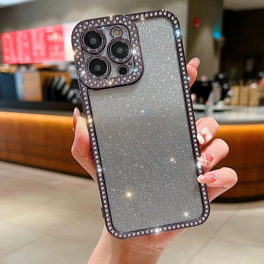 For iPhone 16 Pro Case Glitter Phone Case Rhinestone Decor Electroplating Protective Cover