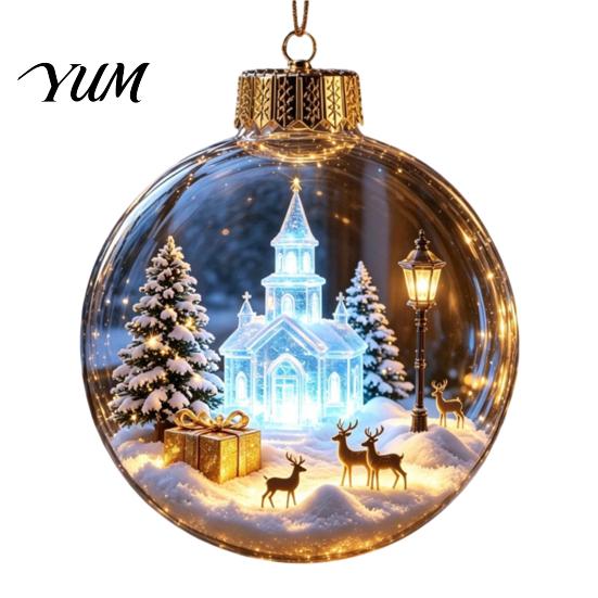 Transparent Christmas Tree Decor 3D Acrylic Faux Crystal Ball Ornament, Lighted Reindeer Sleigh Luminous Ornaments Snow Scene Hanging for Tree,
