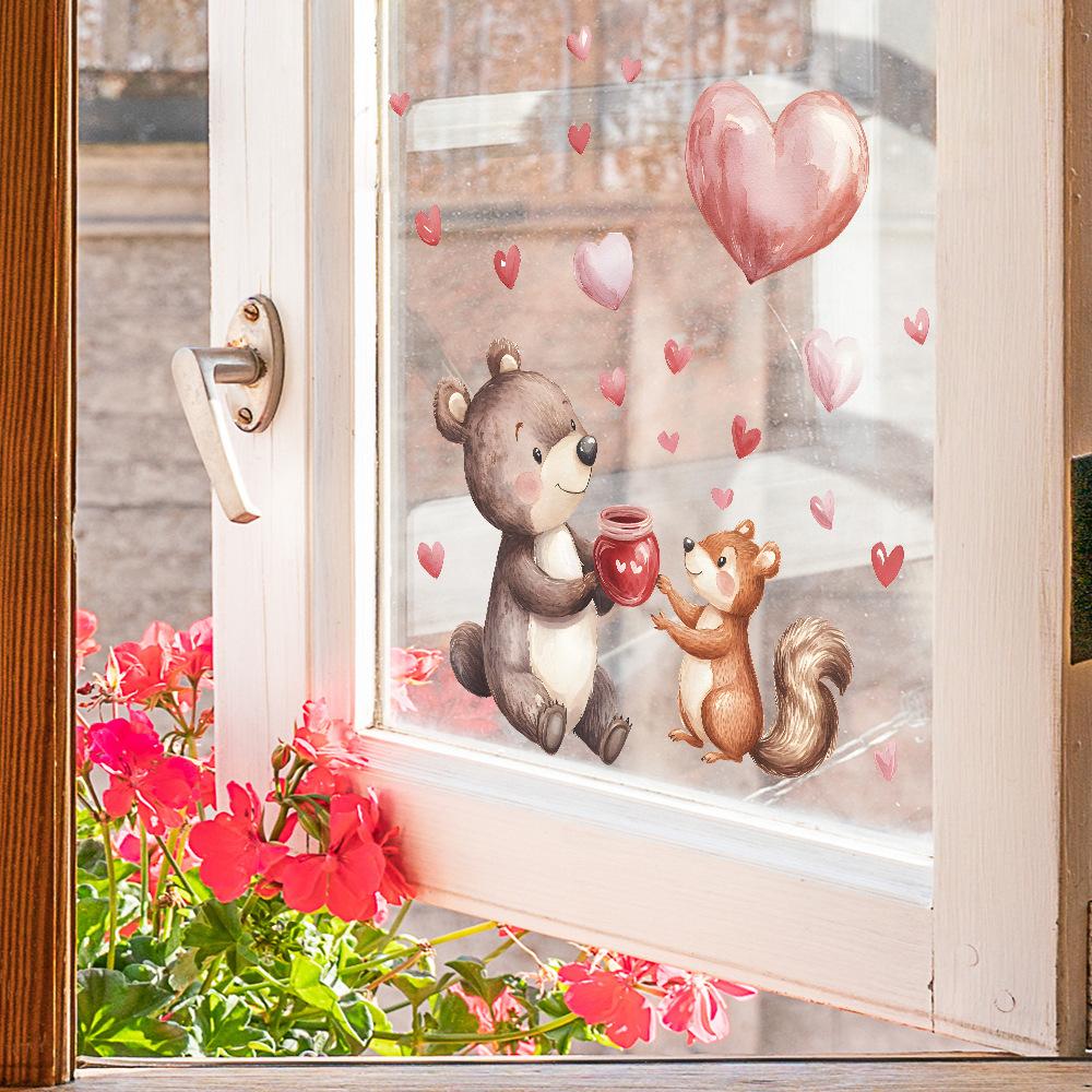 Valentinstag Bär und Eichhörnchen Herzförmiges Glasfenster Heim-Hintergrund Verschönerung Fensteraufkleber