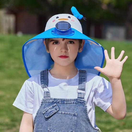 Kids Hat with Solar USB Powered Fan Cartoon Styling Shawl Design Adjustable Outdoor Hiking Cycling Fishing Cap
