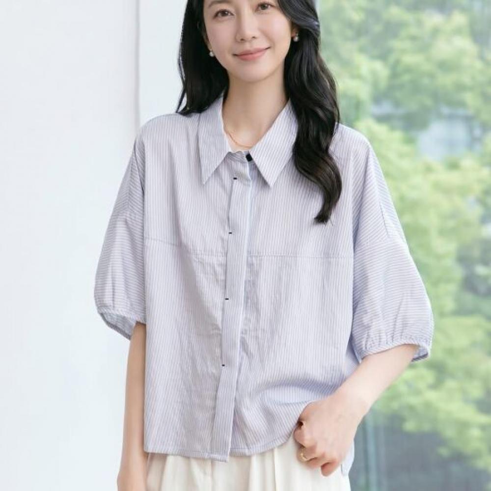 Navava Women Casual Daily Stripe Collar 5 Sleeve Shirt Blouse Nb3190