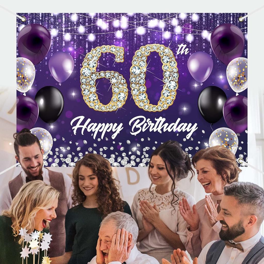 Happy 60th Birthday Backdrop Banner Purple Theme Background with Shiny Diamond Noble Elegant Birthday Party Photo Photography Prop Booth Background