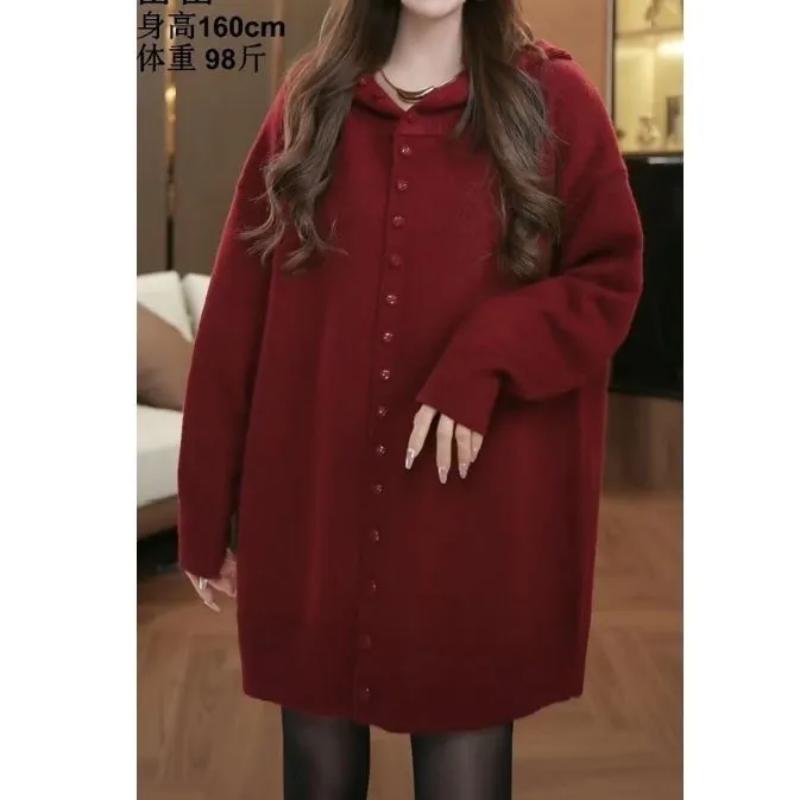 

Осень Зима Новый Худи Свитер Ленивый Стиль Модный Вязаный Кардиган Средней Длины Свободный Корейский Универсальное Женское Пальто M красный