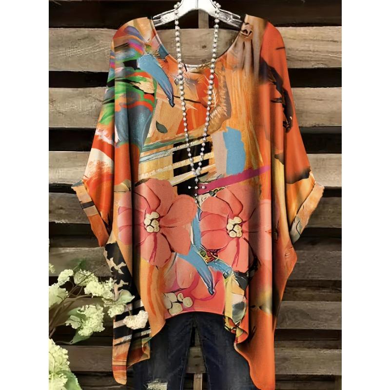 2026 Camiseta de Manga Corta Irregular de Moda con Estampado Floral Vintage para Mujer Ropa de Mujer Holgada y Casual Top Oversize