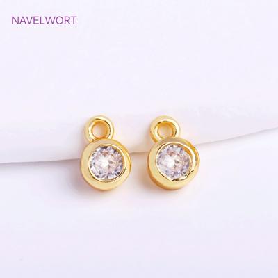 14K Gold Plated Mini Round Faceted CZ-Set Charms High Quality Brass Metal Tiny Round Pendants For Earring Making Accessories