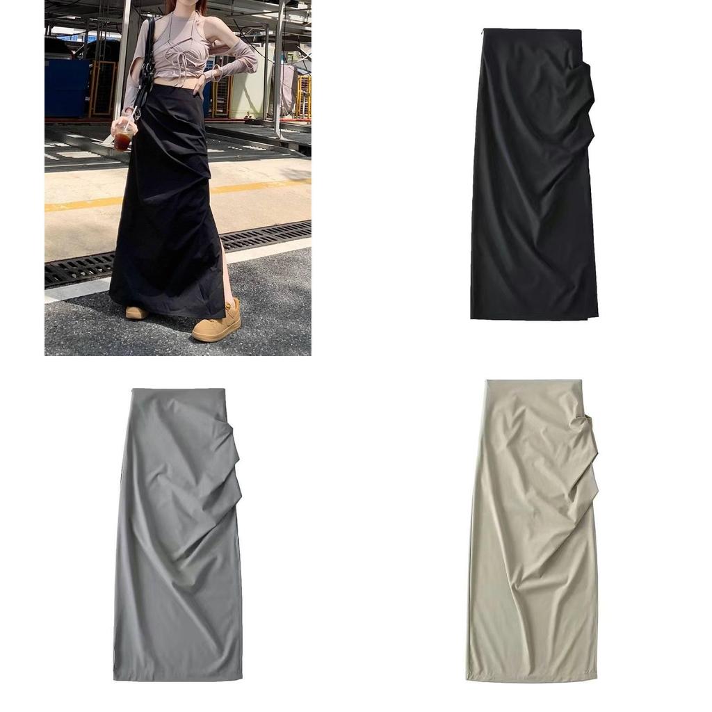 Cotton Blend High Waist Pleated Split Midi Skirt For Women Spring Summer